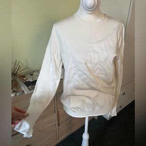 White Crewneck Fitted Tulip Flutter Cuff Bell Long-Sleeve Sweater
